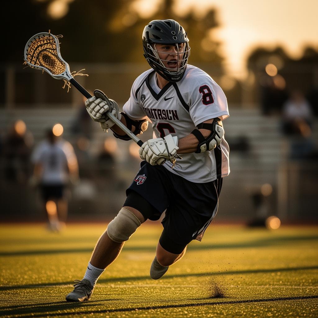 Elite lacrosse player driving downfield at golden hour